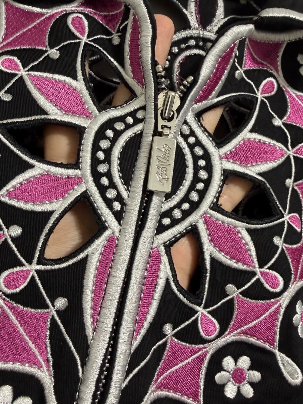 Bob Mackie Wearable Art Black Embroidered Cut Out Zip Jacket Pink White Medium - Picture 3 of 11